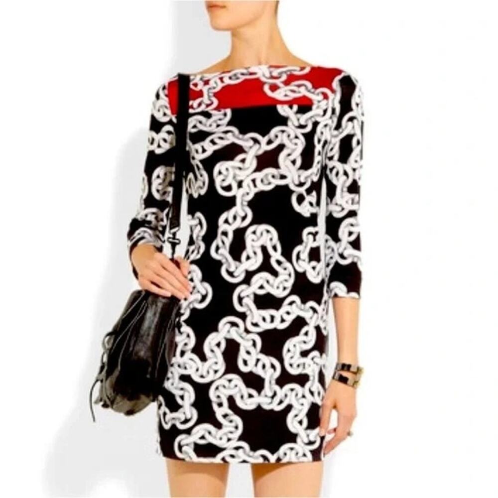 Diane von Furstenberg Women Silk Nautical Dress Ruri Chain Print Sailor Black 4